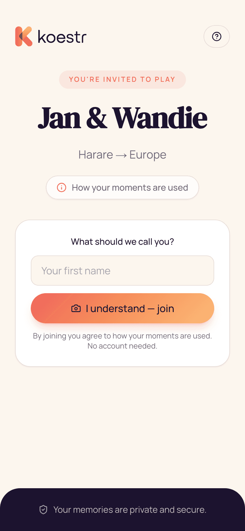 Koestr event invite — join with one tap